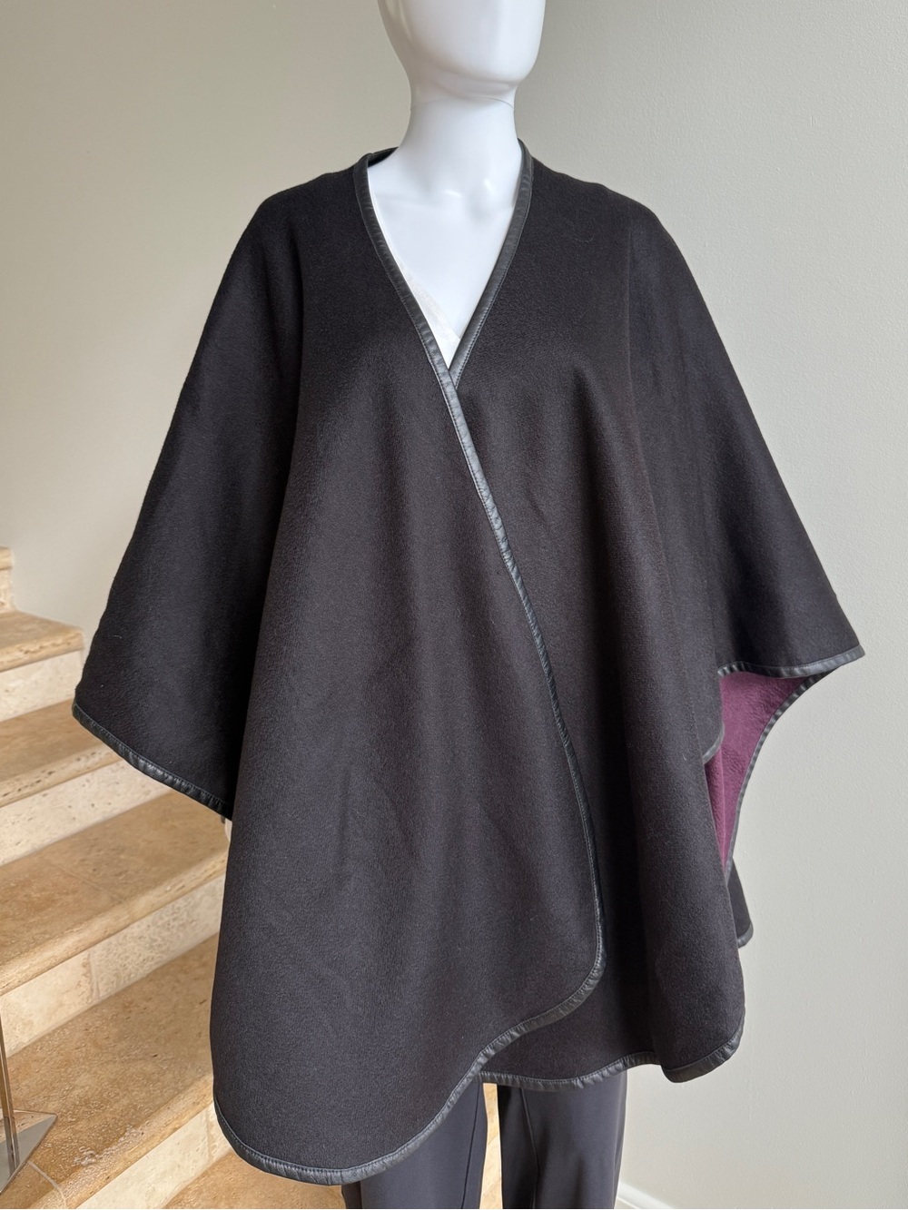 SOFIA CASHMERE 100% Cashmere With Leather Reversible Trim Shawl Cape Wrap